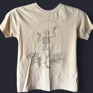 Mighty Fine Cream Tee with skeleton and flowers Print
